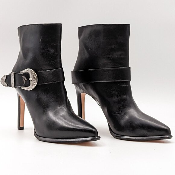 Paige Women Holly Western Buckle Black Leather Pointy Toe Heeled Boots Size 6.5M